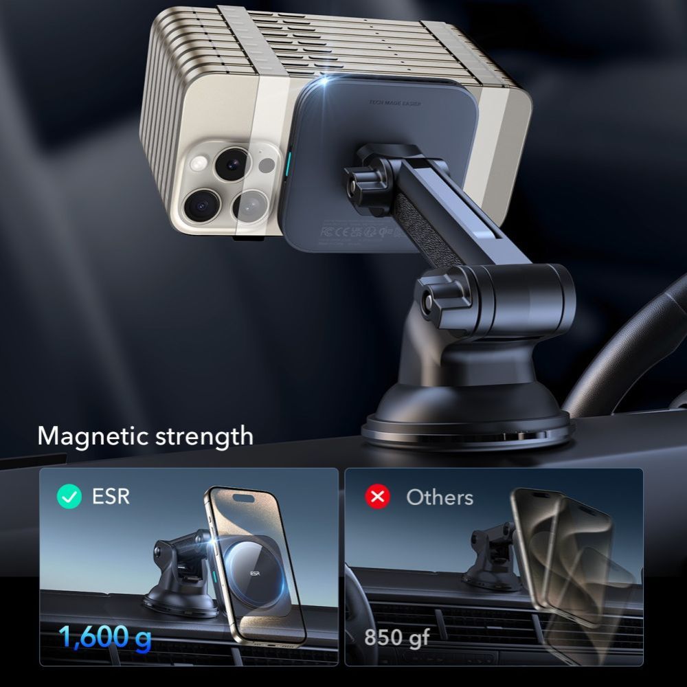 Bežični auto punjač ESR Halolock Dash, 15W, 1.67A, Crni