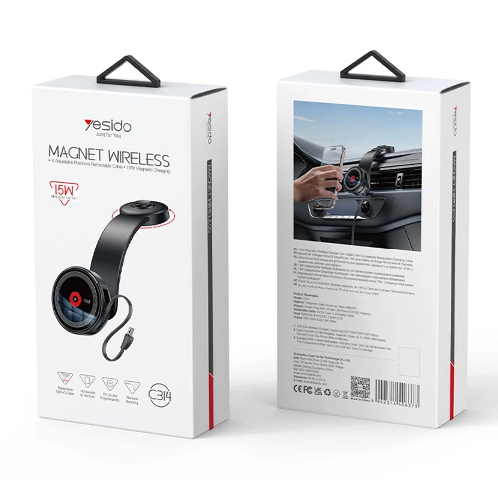 Auto punjač bežični Yesido C314, 15W, 1.67A, Crni