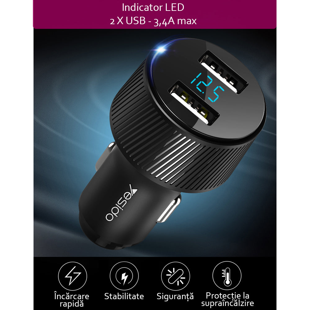 Auto punjač Yesido Y31 Display, 18W, 3A, 2 x USB-A, Crni