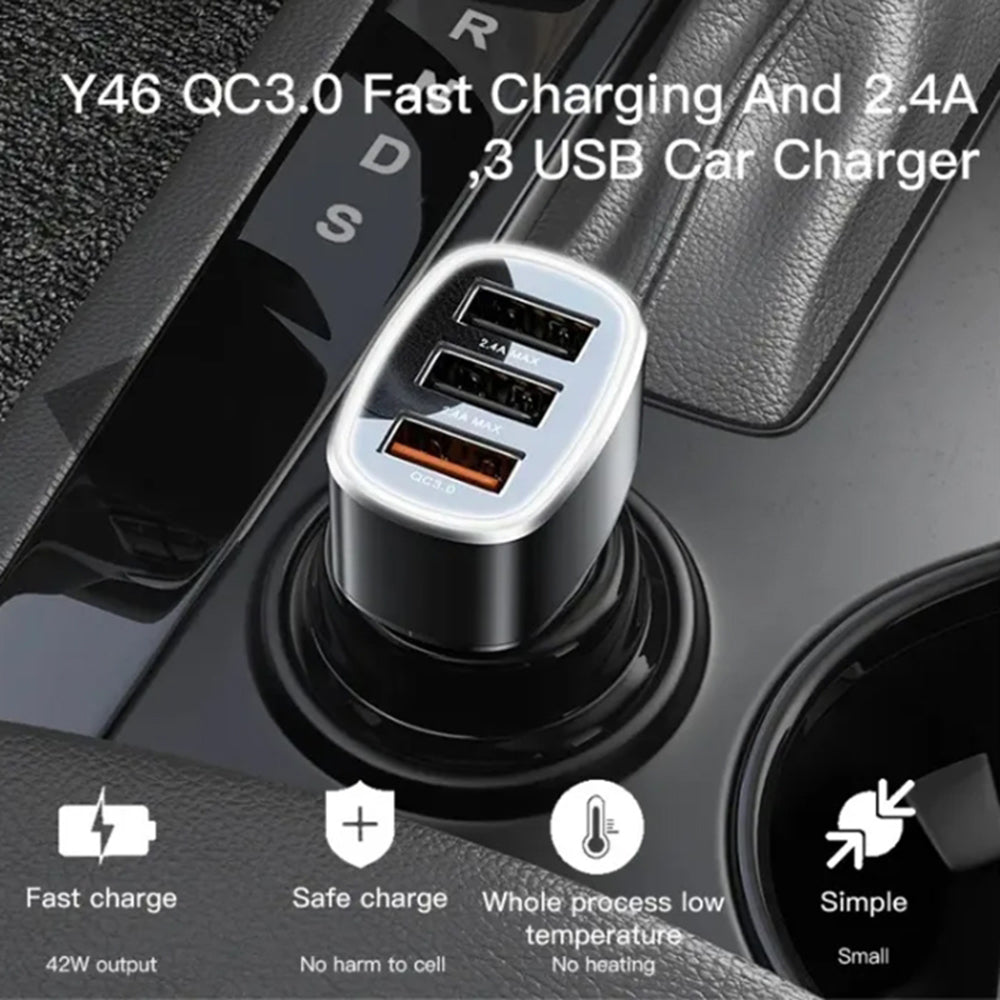 Auto punjač Yesido Y46, 42W, 3A, 3 x USB-A, Crni