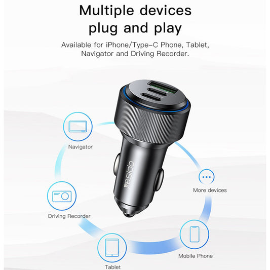 Auto punjač Yesido Y50, 60W, 3A, 1 x USB-A - 2 x USB-C, Crni