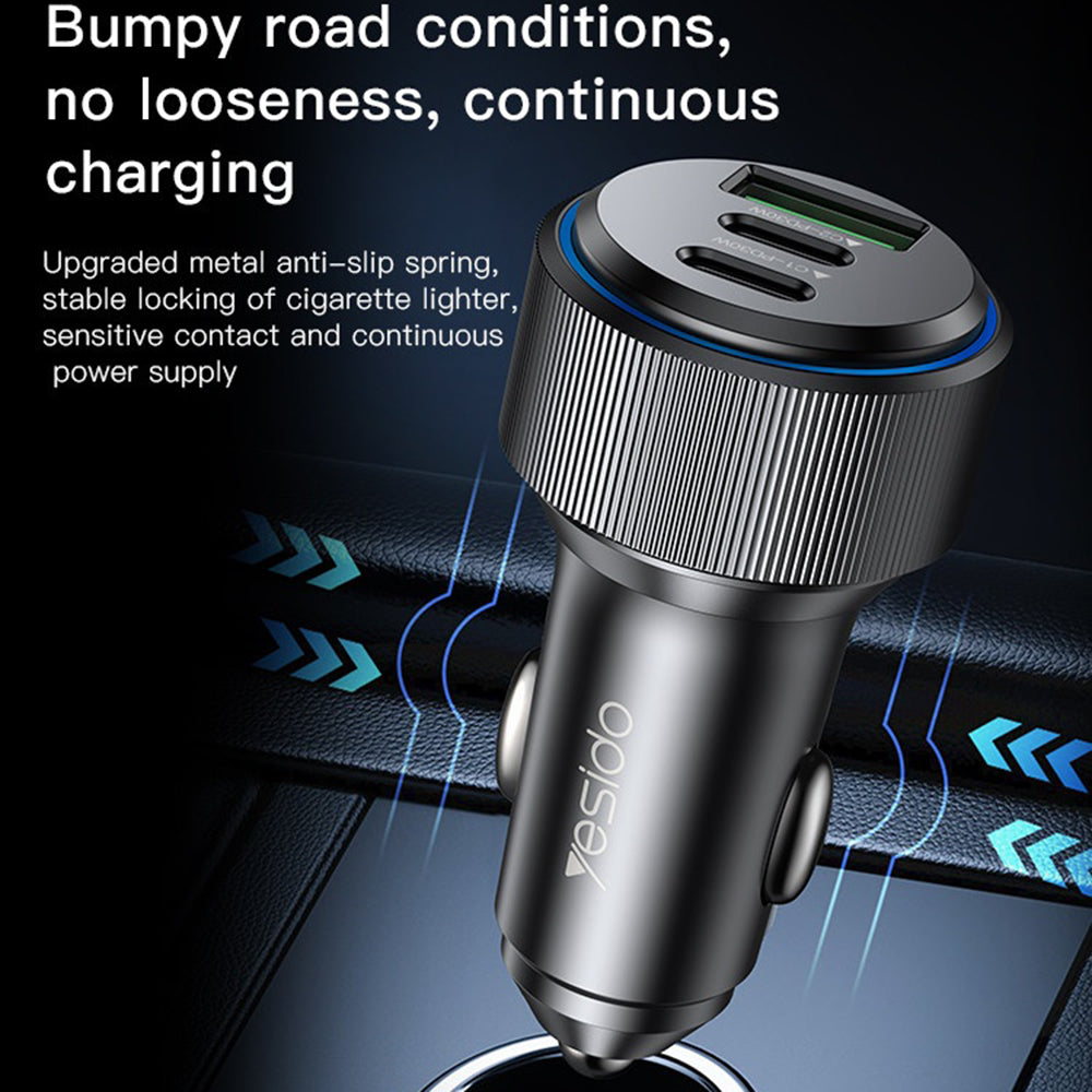 Auto punjač Yesido Y50, 60W, 3A, 1 x USB-A - 2 x USB-C, Crni