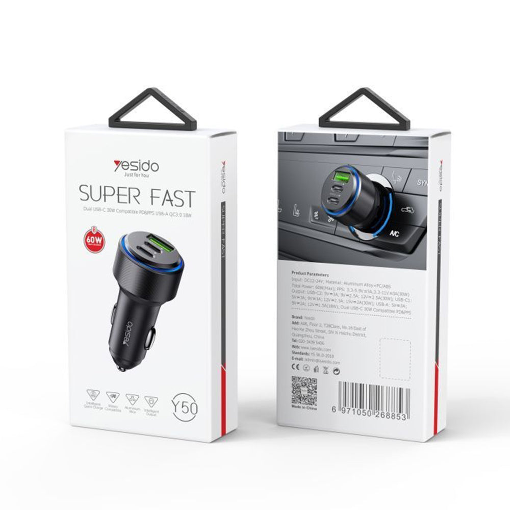 Auto punjač Yesido Y50, 60W, 3A, 1 x USB-A - 2 x USB-C, Crni