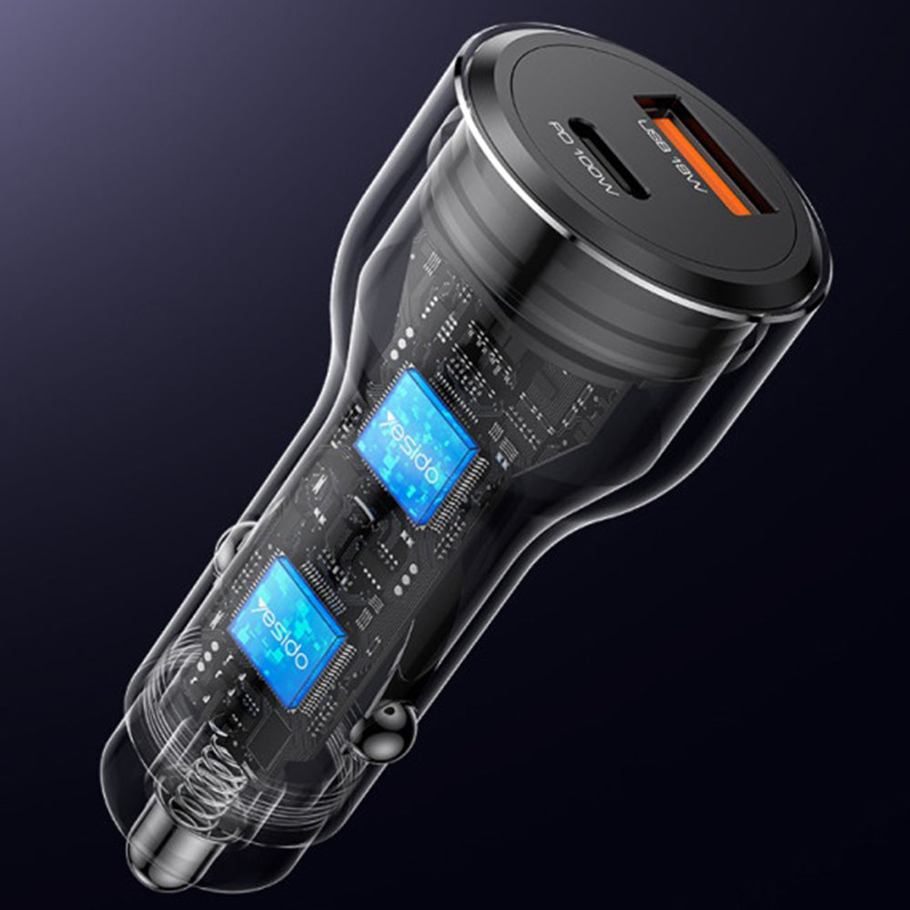 Auto punjač Yesido Y65, 100W, 5A, 1 x USB-A - 1 x USB-C, Crni