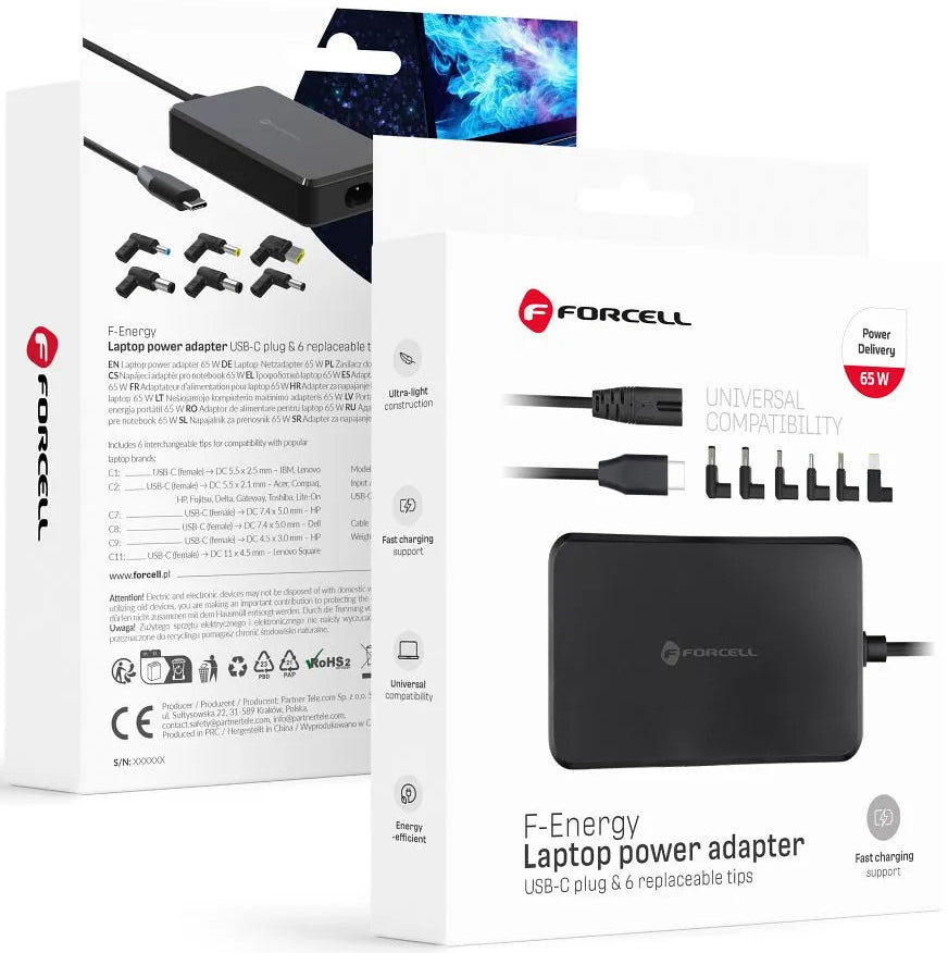 Punjač Forcell F-Energy E856, 65W, Univerzalan, Crni