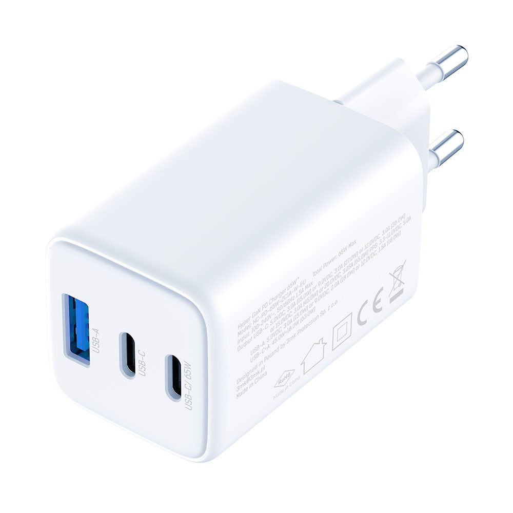 Punjač mreže 3MK Hyper, 65W, 3.25A, 1 x USB-A - 2 x USB-C, Bijeli