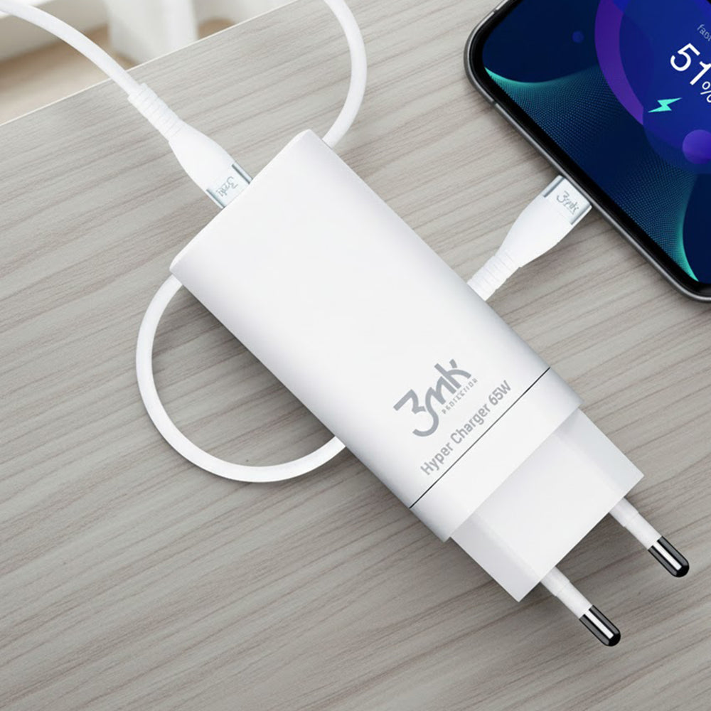 Mrežni punjač 3MK HyperCharger, 65W, 5A, 1 x USB-A - 2 x USB-C, Bijela