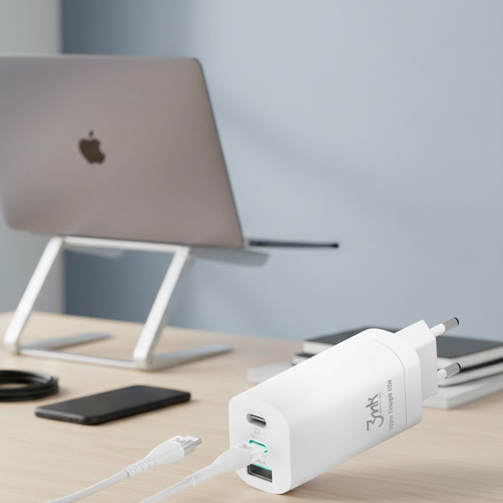 Mrežni punjač 3MK HyperCharger, 65W, 5A, 1 x USB-A - 2 x USB-C, Bijela