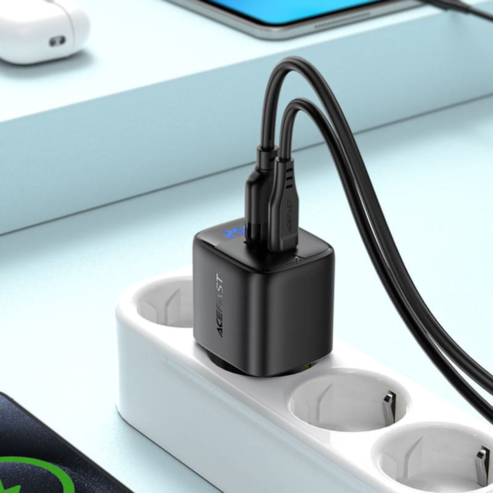 Mrežni punjač Acefast A114 Display, 25W, 3A, 1 x USB-A - 1 x USB-C, Crni