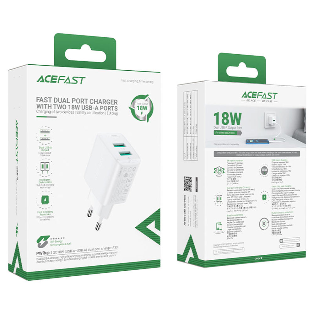 Punjač za mrežu Acefast A33, 18W, 3A, 2 x USB-A, Crni