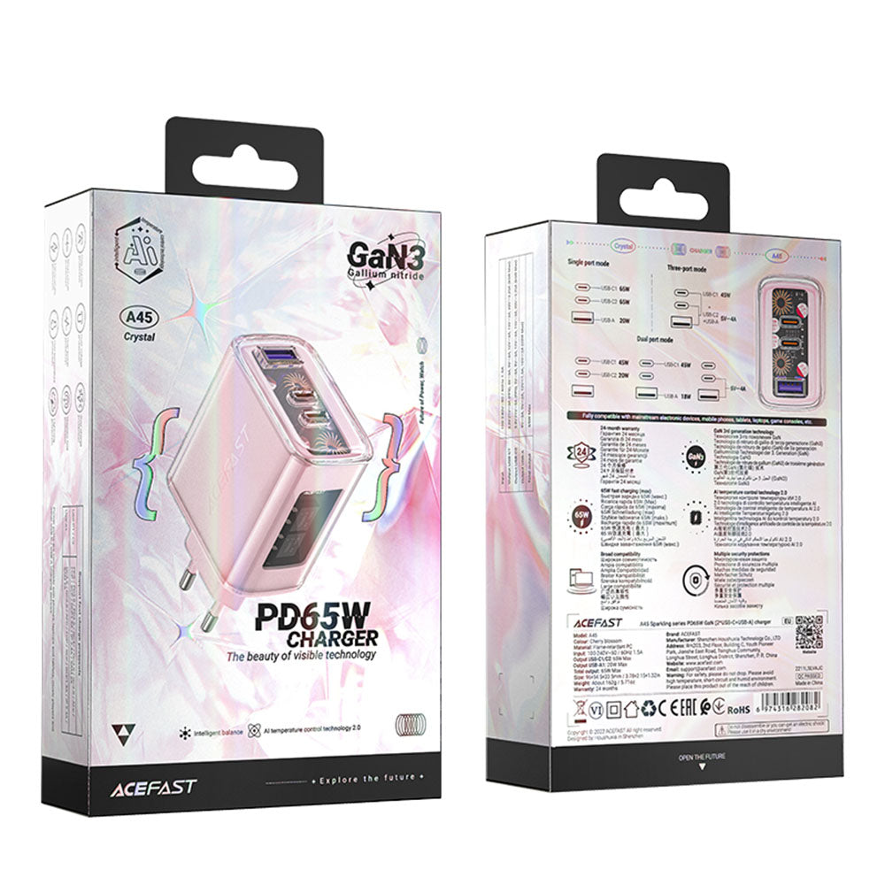 Mrežni punjač Acefast A45 Exploration, 65W, 3.25A, 1 x USB-A - 2 x USB-C, Roza