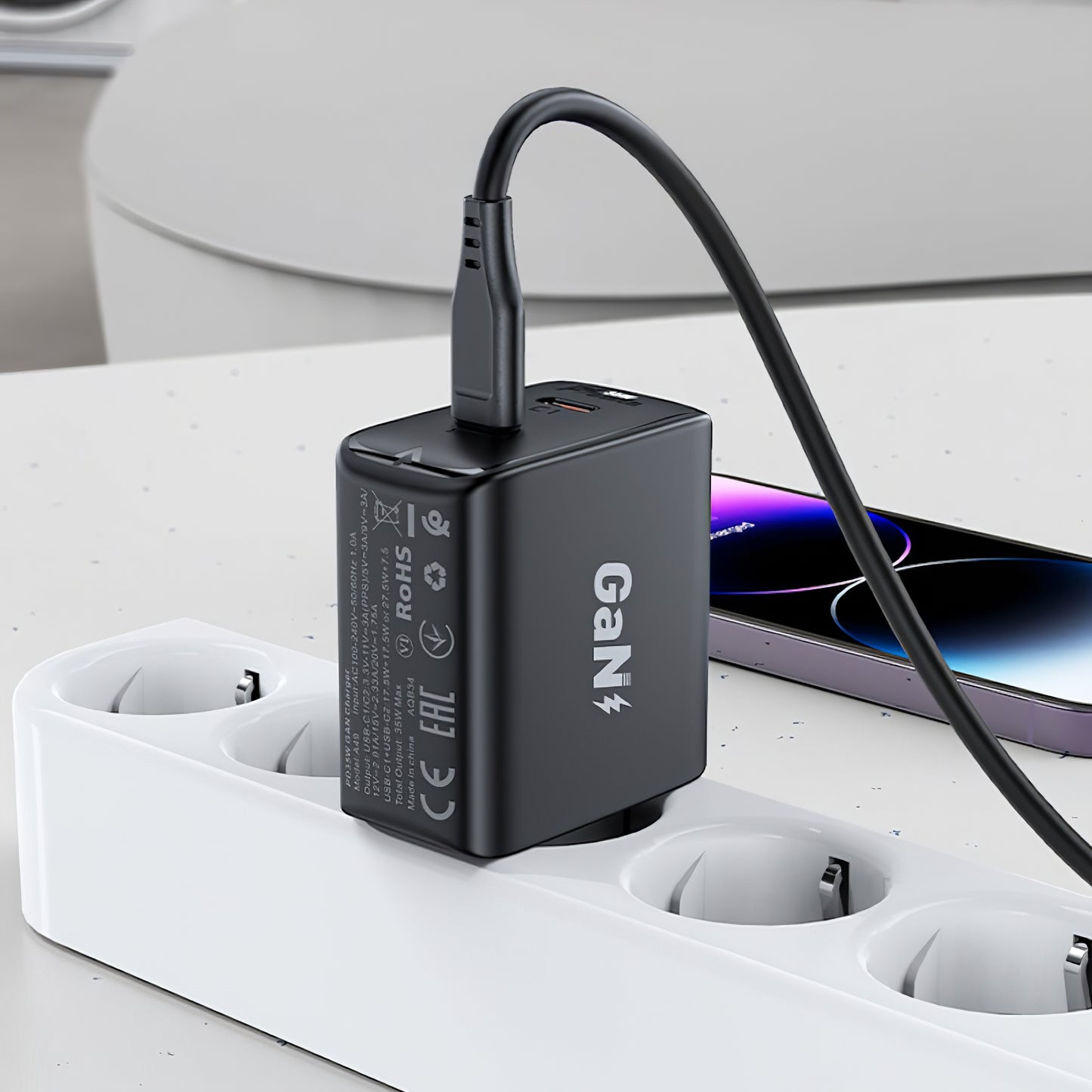 Punjač za mrežu Acefast A49, 35W, 3A, 2 x USB-C, Crni