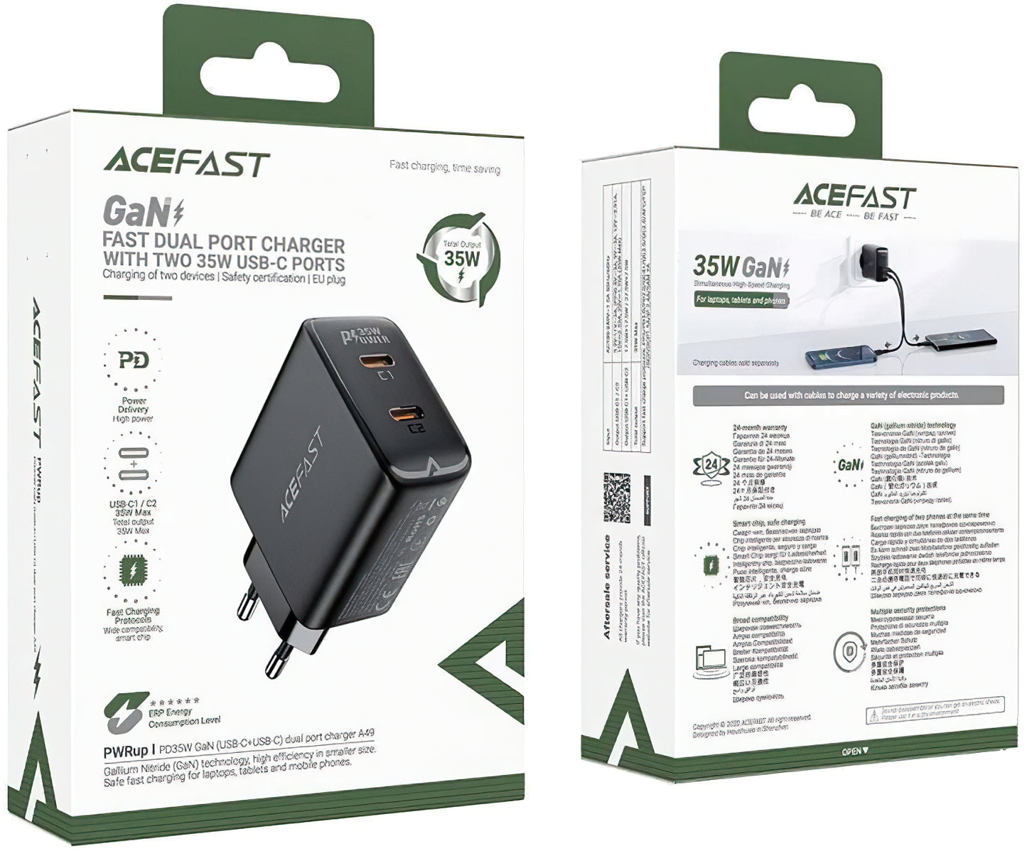 Punjač za mrežu Acefast A49, 35W, 3A, 2 x USB-C, Crni