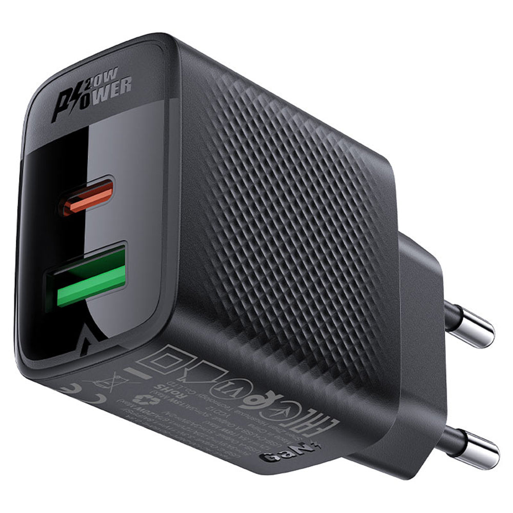 Punjač za mrežu Acefast A78, 20W, 3A, 1 x USB-A - 1 x USB-C, Crni