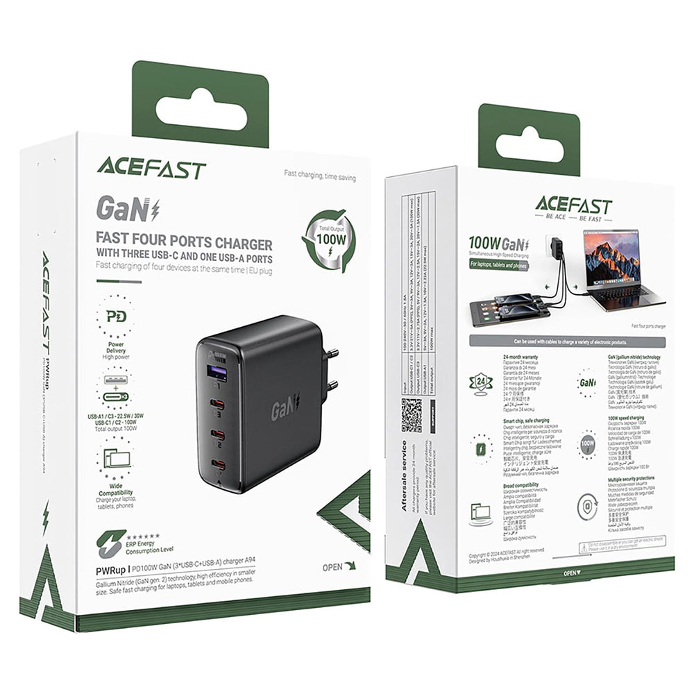 Punjač mreže Acefast A94, 100W, 5A, 1 x USB-A - 3 x USB-C, Crni