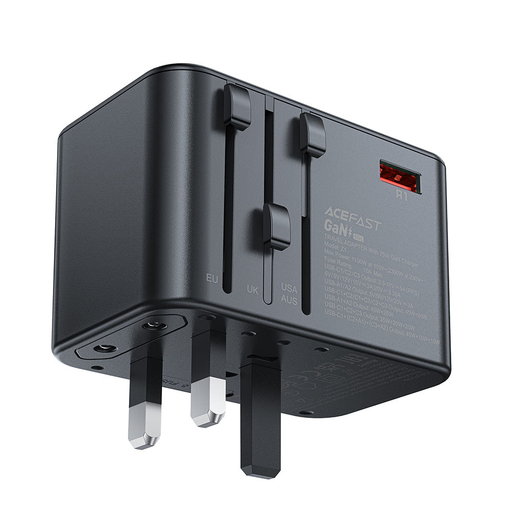 Punjač mreže Acefast Travel Z1, 75W, 3.35A, 2 x USB-A - 3 x USB-C, Crni