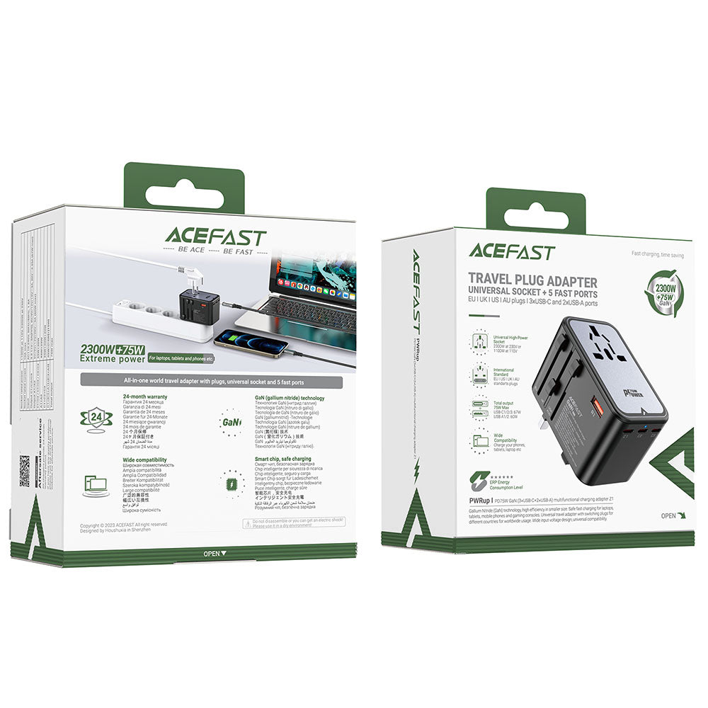Punjač mreže Acefast Travel Z1, 75W, 3.35A, 2 x USB-A - 3 x USB-C, Crni