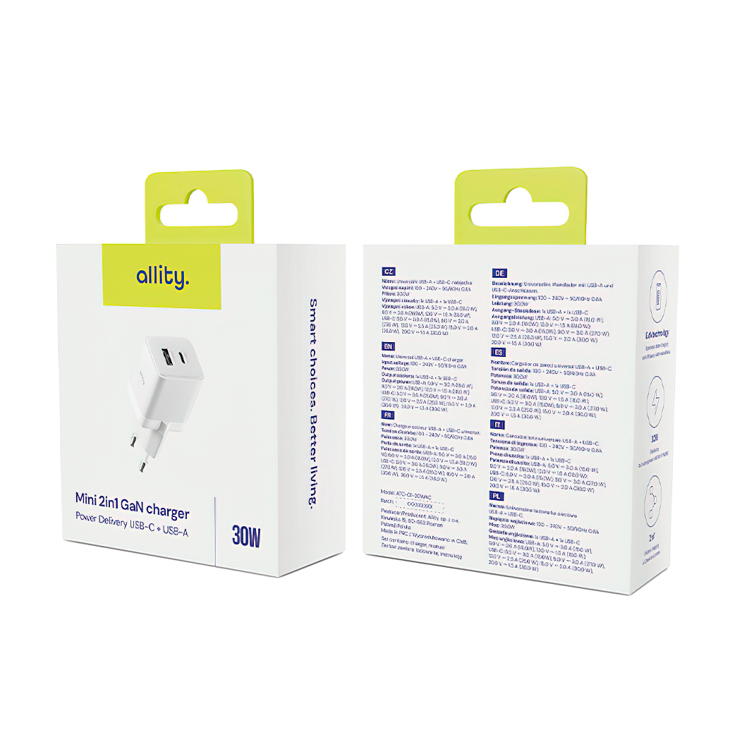 Punjač mreže Allity. ATC-01-30WAC Mini, 30W, 3A, 1 x USB-A - 1 x USB-C, Bijeli