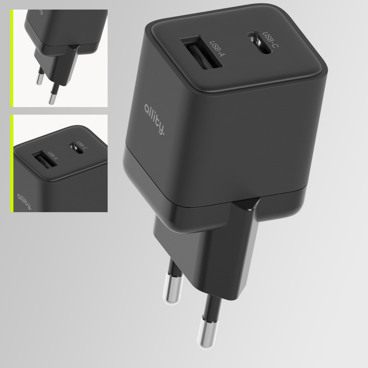 Punjač mreže Allity. ATC-01-30WAC Mini, 30W, 3A, 1 x USB-A - 1 x USB-C, Crni
