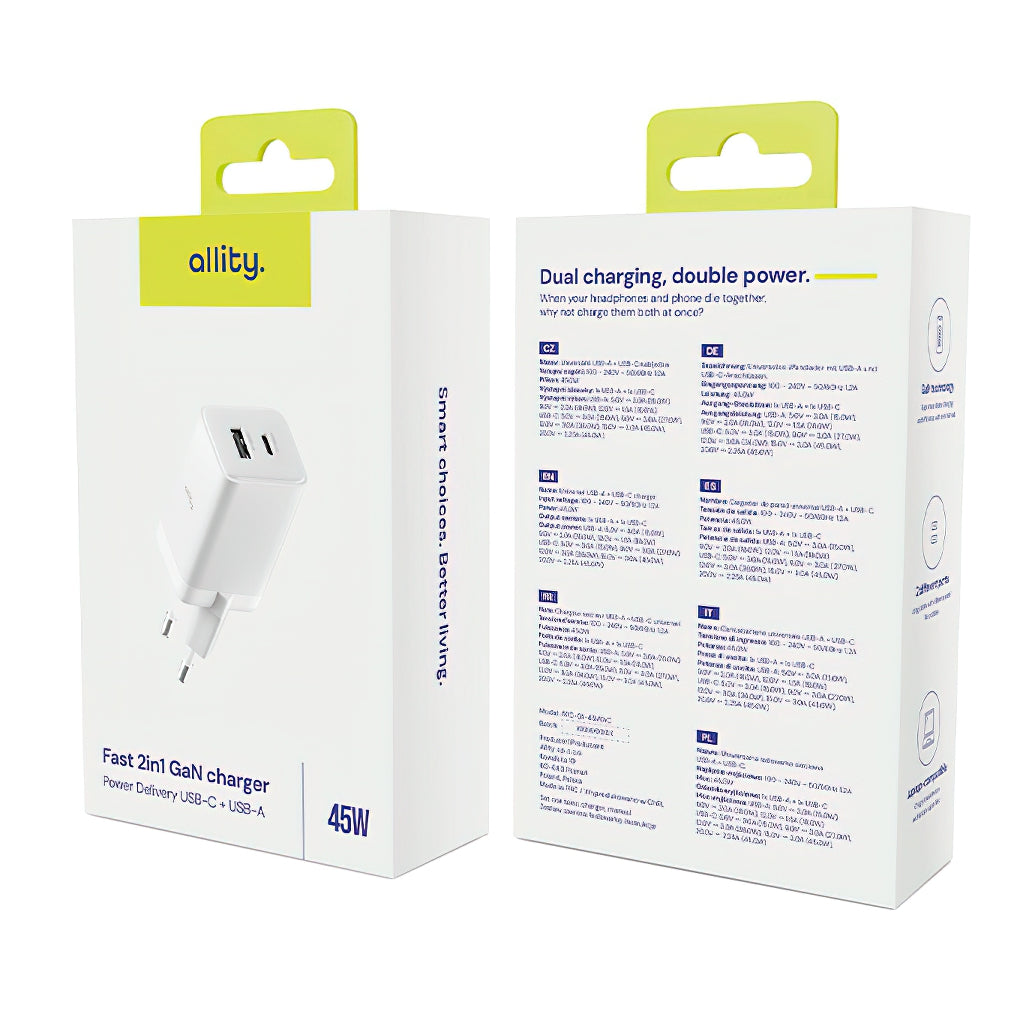 Punjač mreže Allity. ATC-01-45WCC Fast, 45W, 3A, 1 x USB-A - 1 x USB-C, Bijeli
