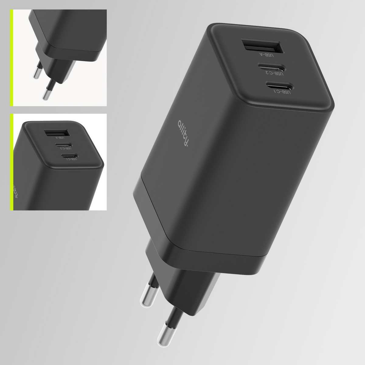 Punjač mreže Allity. ATC-01-65WACC Fast, 65W, 3.25A, 1 x USB-A - 2 x USB-C, Crna