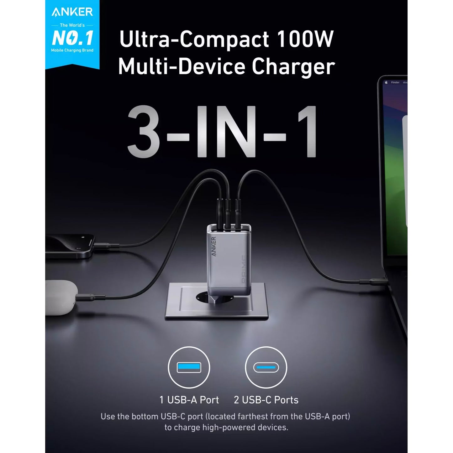 Punjač Anker Prime za mrežu, 100W, 3A, 1 x USB-A - 2 x USB-C, Sivi A2688341