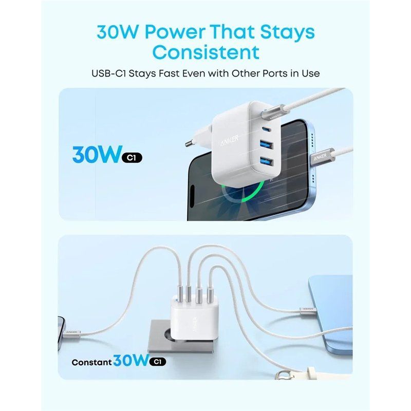 Mrežni punjač Anker Zolo, 50W, 3A, 2 x USB-A - 2 x USB-C, Bijeli A121EG21