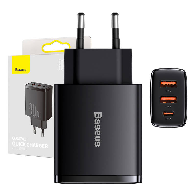 Punjač za mrežu Baseus Compact, 30W, 3A, 1 x USB-C - 2 x USB-A, Crni CCXJ-E01