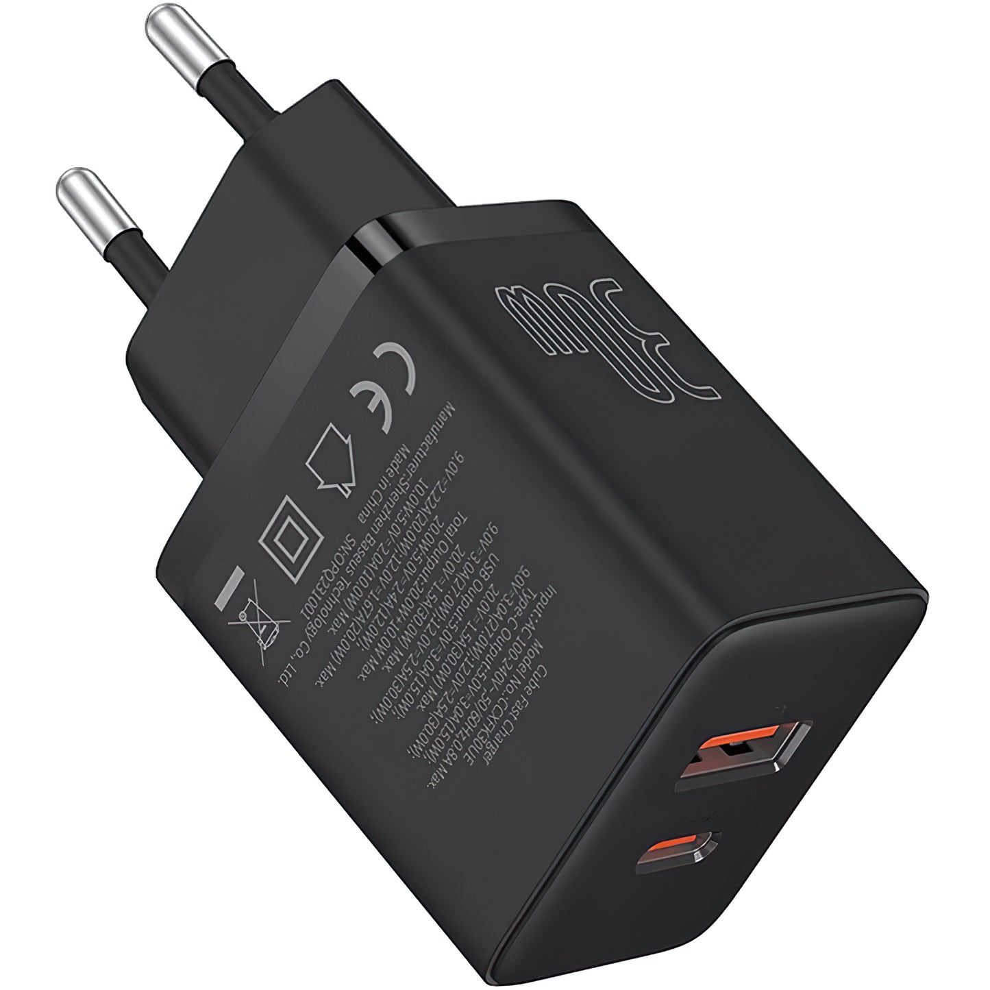 Punjač Baseus Cube, 30W, 2.4A, 1 x USB-A - 1 x USB-C, Crni P10111404113-00