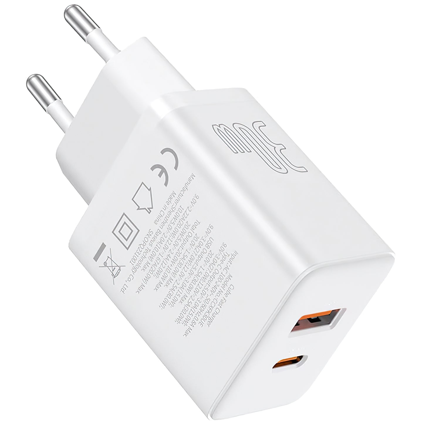 Punjač Baseus Cube, 30W, 2.4A, 1 x USB-A - 1 x USB-C, Bijeli P10111404213-00