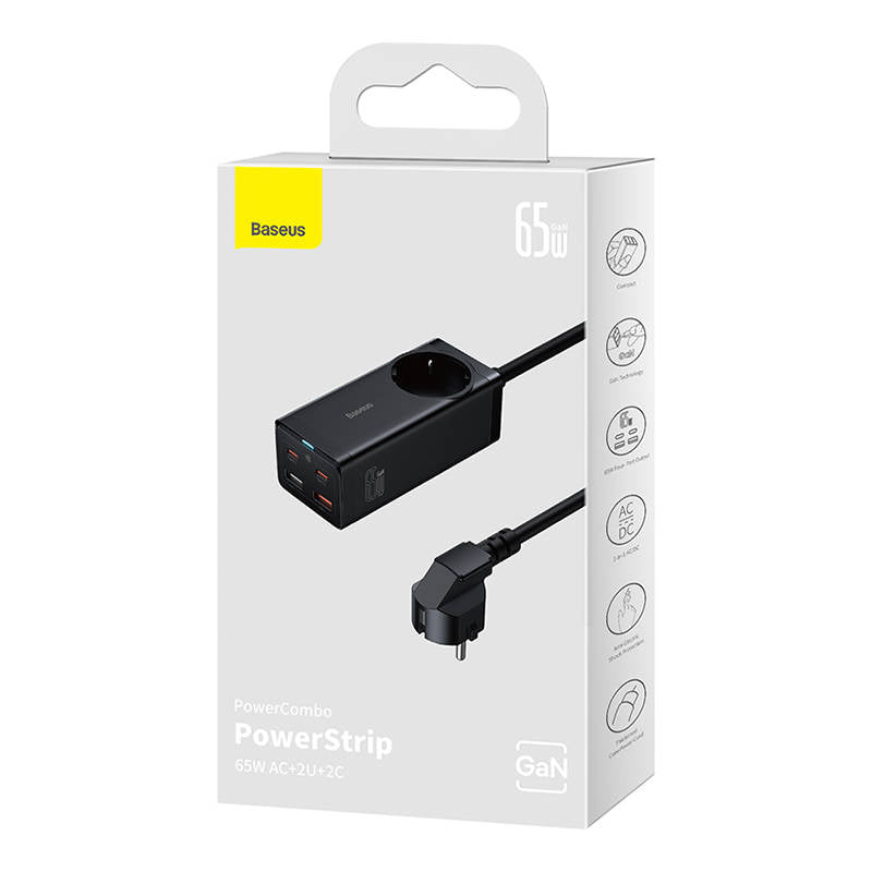 Produžni kabel Baseus GaN3 Pro, 1 x Schuko - 2 x USB-A - 2 x USB-C, Crni PSZM000901