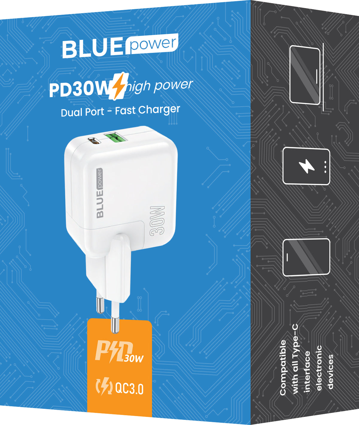 Punjač za mrežu BLUE Power BC111A, 30W, 3A, 1 x USB-A - 1 x USB-C, Bijeli