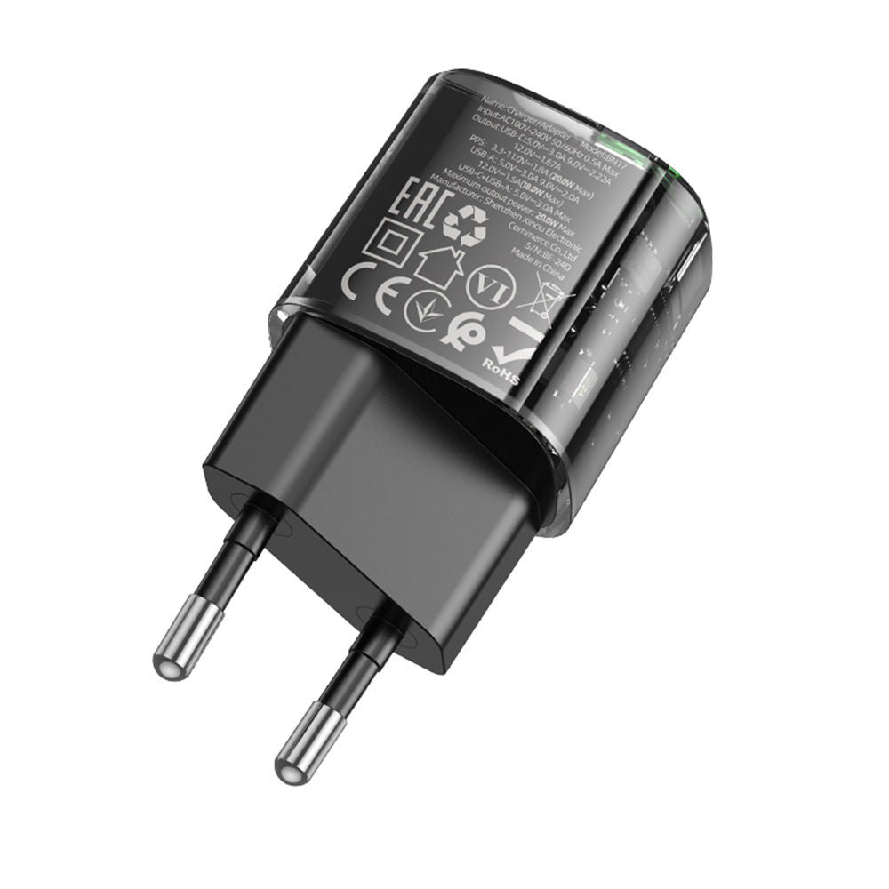 Punjač mreže Borofone BN17 Sunlight, 20W, 3A, 1 x USB-A - 1 x USB-C, Crni