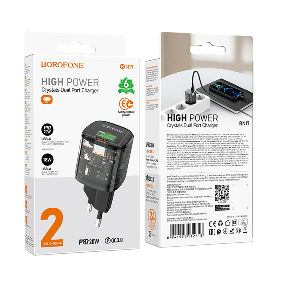 Punjač mreže Borofone BN17 Sunlight, 20W, 3A, 1 x USB-A - 1 x USB-C, Crni