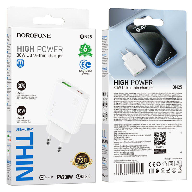 Mrežni punjač Borofone BN25 Wish, 30W, 3A, 1 x USB-A - 1 x USB-C, Bijeli