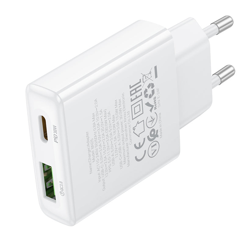 Mrežni punjač Borofone BN25 Wish, 30W, 3A, 1 x USB-A - 1 x USB-C, Bijeli