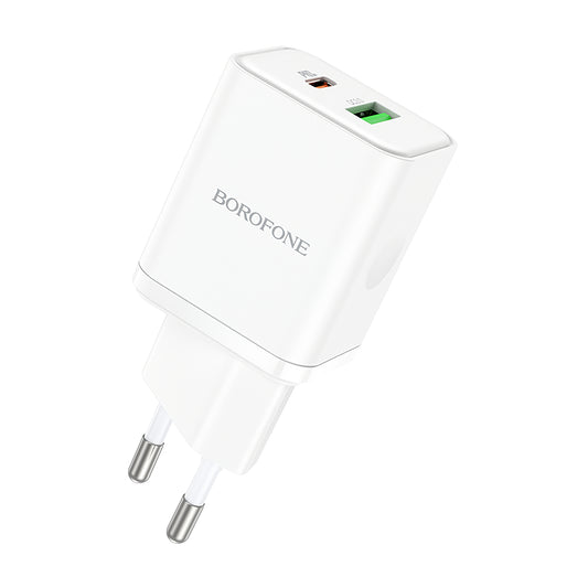 Punjač za mrežu Borofone BN7, 20W, 3A, 1 x USB-A - 1 x USB-C, Bijeli