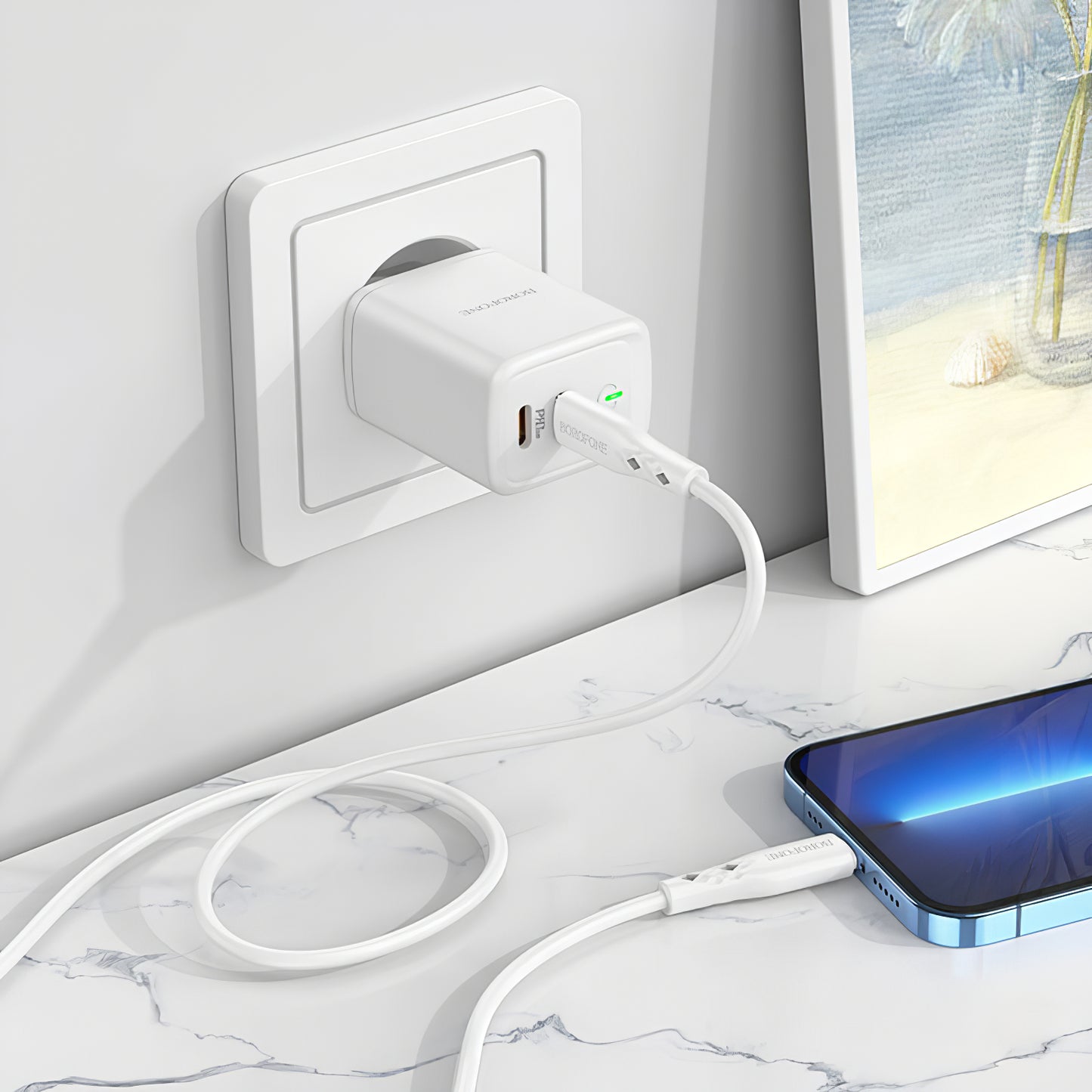Punjač za mrežu Borofone BN9, 35W, 3A, 2 x USB-C, Bijeli