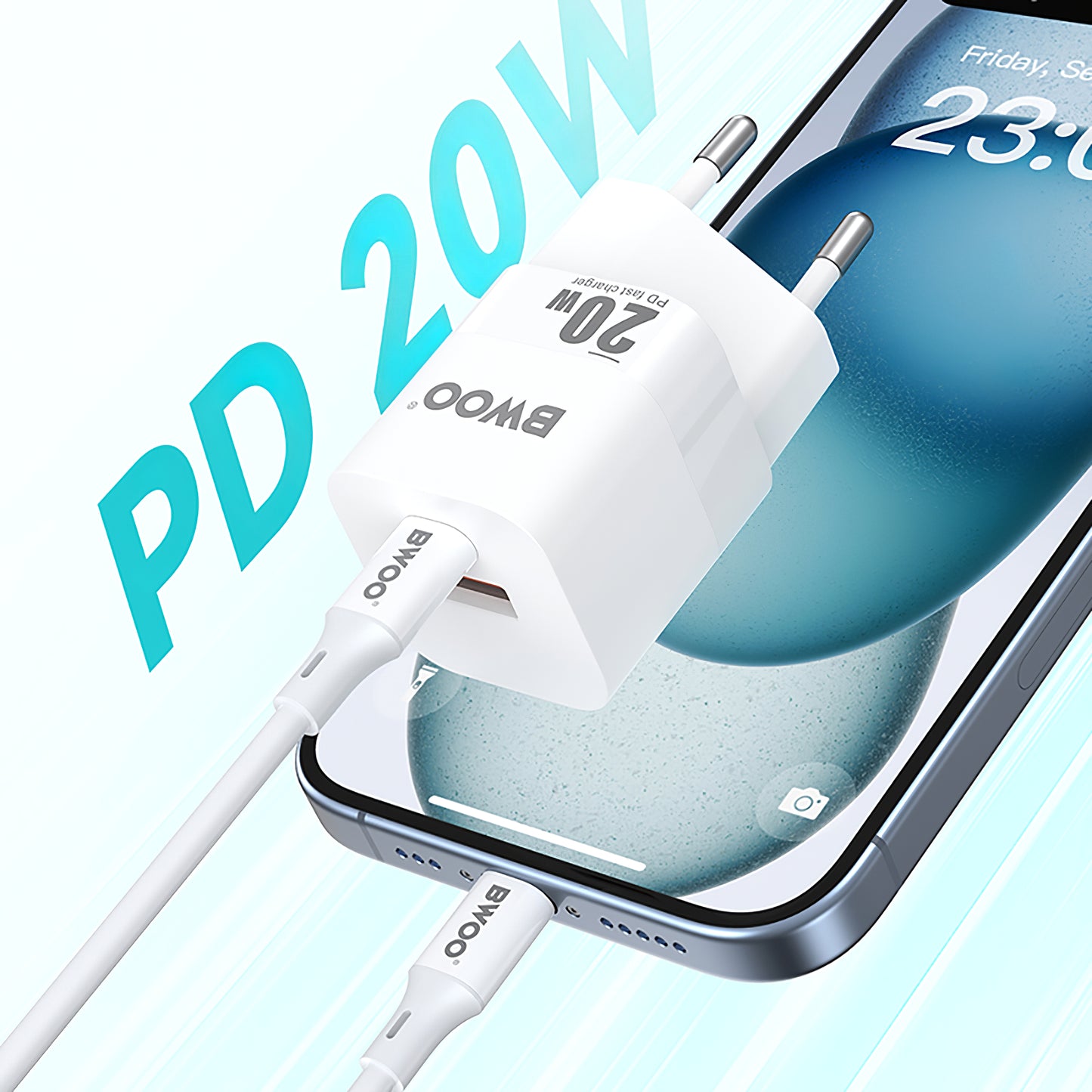 Mrežni punjač BWOO BO-CDA156, 20W, 3A, 1 x USB-A - 1 x USB-C, Bijeli