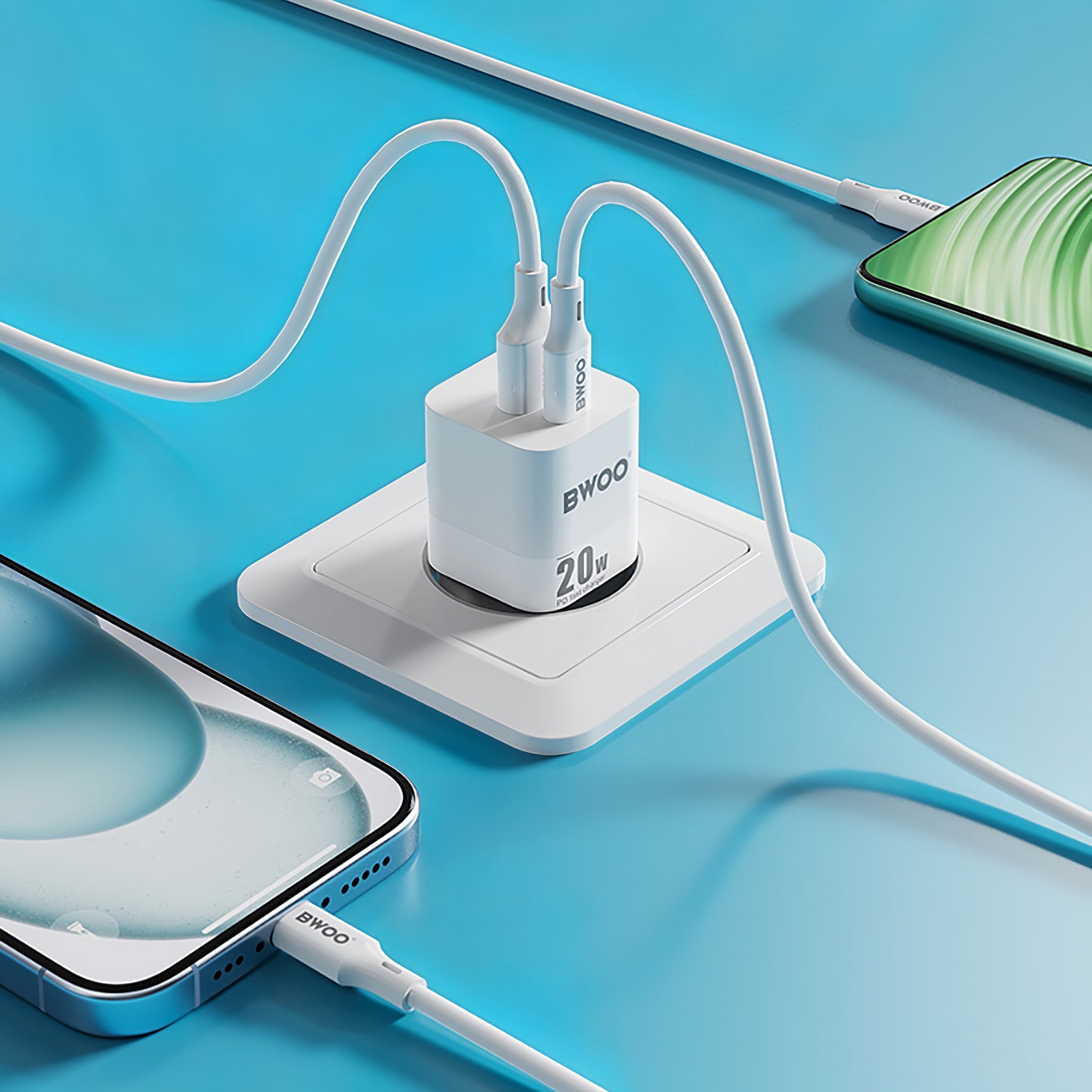 Mrežni punjač BWOO BO-CDA156, 20W, 3A, 1 x USB-A - 1 x USB-C, Bijeli