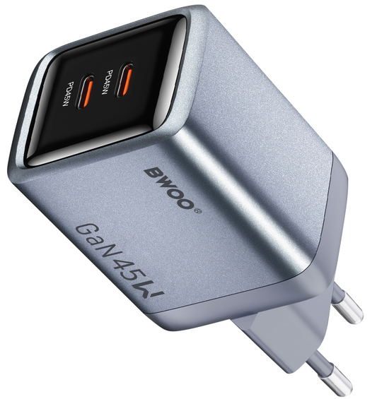 Mrežni punjač BWOO BO-CDA239, 45W, 3A, 2 x USB-C, Siva