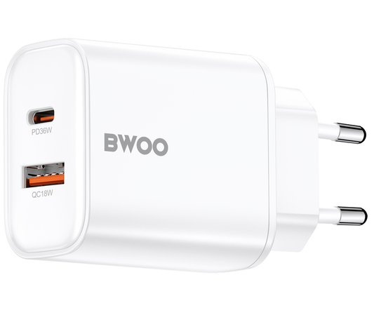Mrežni punjač BWOO CDA207, 36W, 3A, 1 x USB-A - 1 x USB-C, Bijeli
