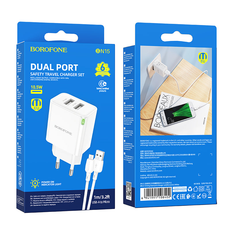 Punjač za mrežu s microUSB kabelom Borofone BN15 Strong, 10.5W, 2.1A, 2 x USB-A, Bijeli