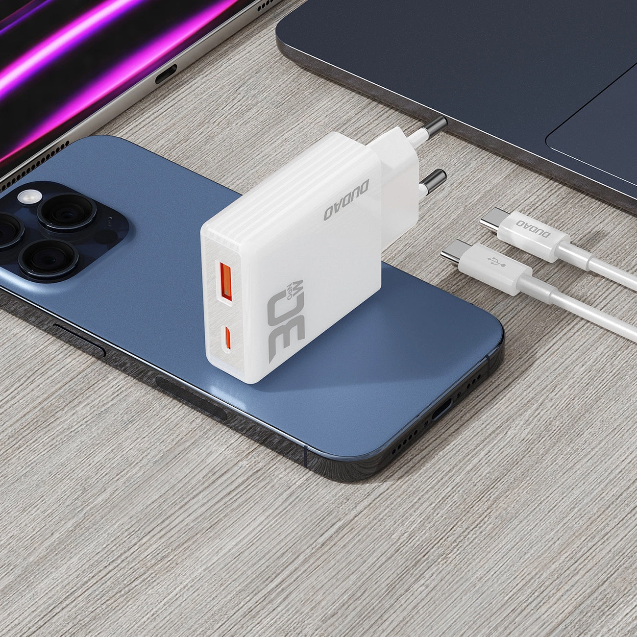 Mrežni punjač s USB-C kabelom Dudao A30EUT, 30W, 3A, 1 x USB-A - 1 x USB-C, Bijeli