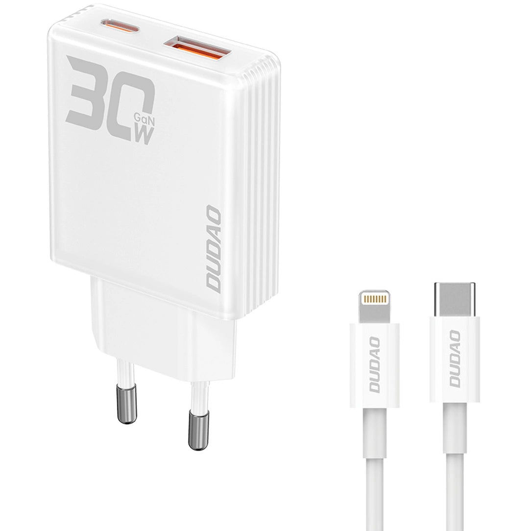 Mrežni punjač s Lightning kabelom Dudao A30EUL, 30W, 3A, 1 x USB-A - 1 x USB-C, Bijeli