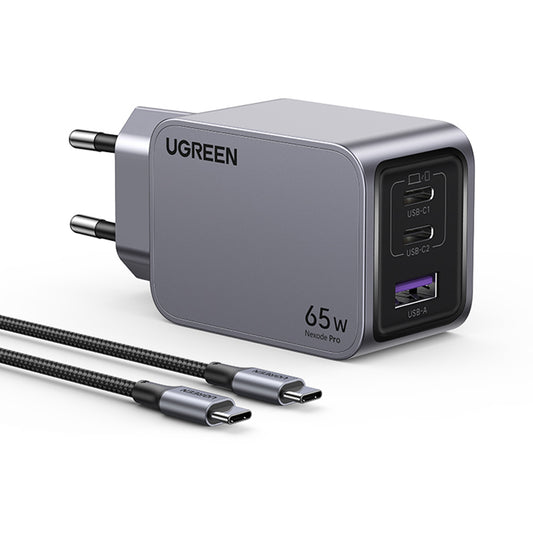 Punjač za mrežu s USB-C kabelom UGREEN X755 Nexode Pro, 65W, 3A, 1 x USB-A - 2 x USB-C, Sivi