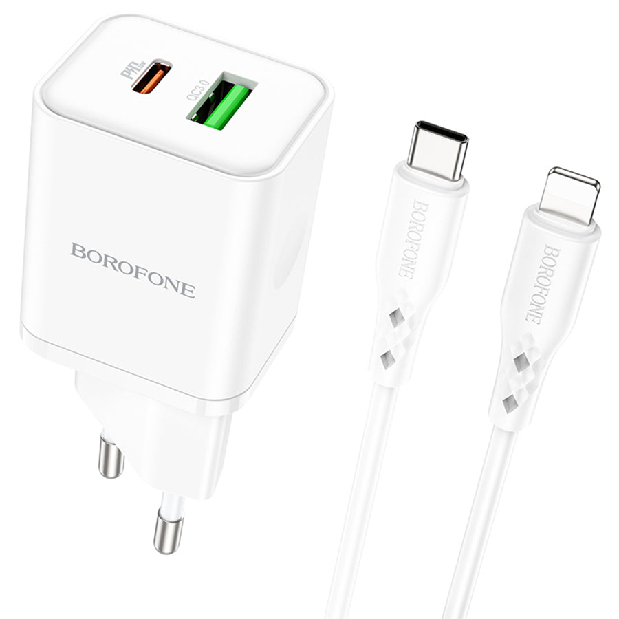 Mrežni punjač s Lightning kabelom Borofone BN7, 20W, 3A, 1 x USB-A - 1 x USB-C, Bijeli