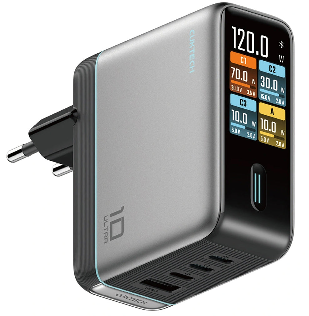 Mrežni punjač s USB-C kabelom Cuktech AD1204U Display, 120W, 6A, 1 x USB-A - 2 x USB-C, Srebrni