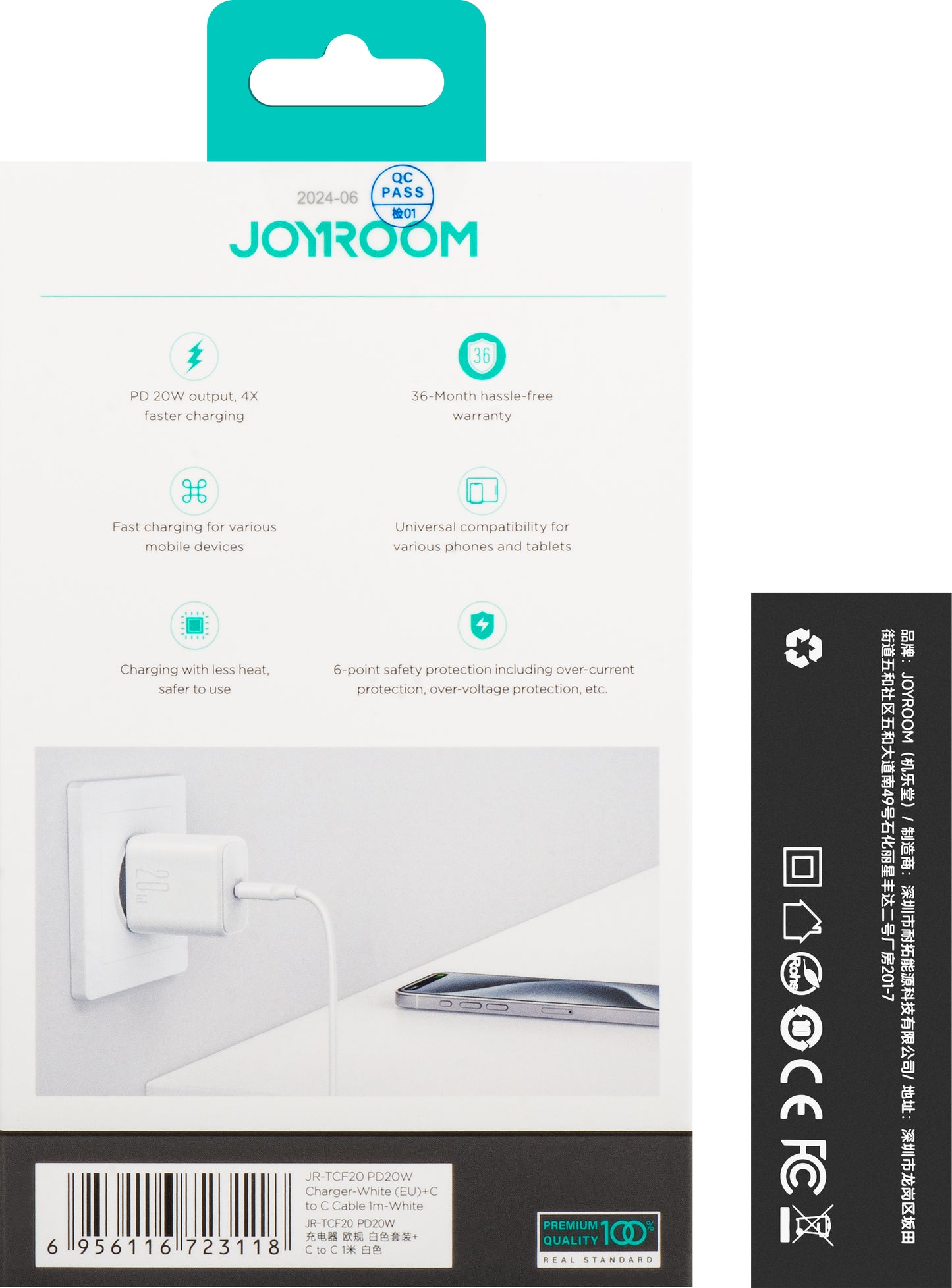 Punjač za mrežu s USB-C kabelom Joyroom JR-TCF20, 20W, 3A, 1 x USB-C, Bijeli