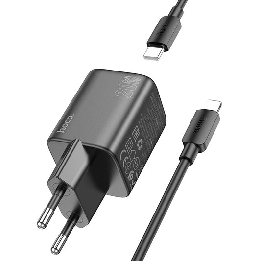 Punjač za mrežu s Lightning kabelom HOCO N41, 20W, 3A, 1 x USB-A - 1 x USB-C, Crni